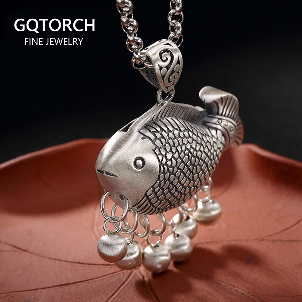 

990 Sterling Silver Large Fish Pendant Antique Ethnic Style Auspicious Carp Pendant With Tassels