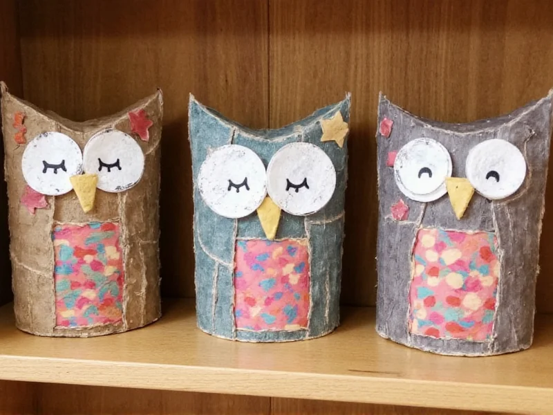 Three finished owl crafts displayed on rustic shelf