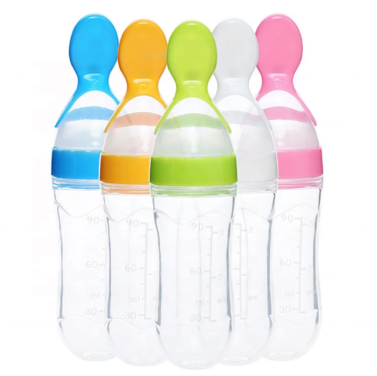 

90ml Children Food Rice Paste Spoon,Silicone Baby Toddler Feeding Bottle With Spoon Fresh Food Cereal Squeeze Feeder, Picture shows