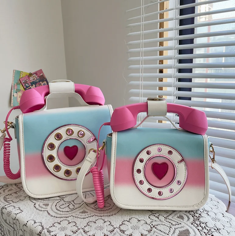 

Fashion girl pink color call phone shape unique design phone handbag crossbody shoulder phone bag women bag, Different colors