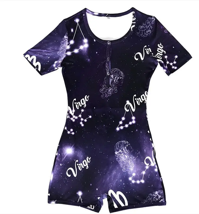 

2021 Constellation Print 5xl Sexy Sleep Wear Onsies Bodycon Stretch Pajama Shorts Zodiac Sign Onesie Plus Size, Customized color