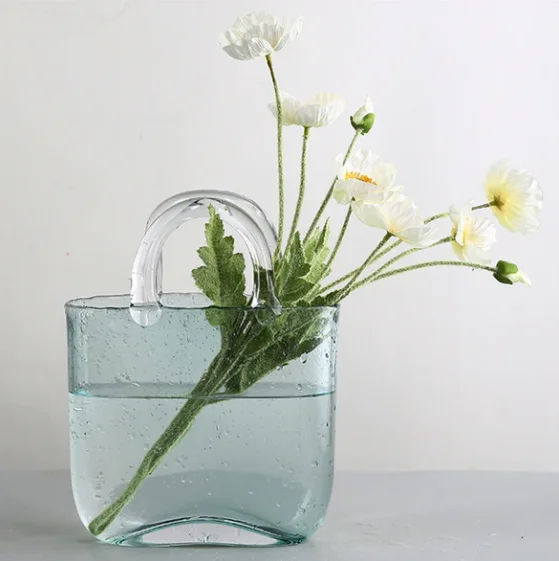 

Jinbaijia Luxury Flower Bag Vase Decoration for Simple and Elegant Dried Flowers Clear Glass Hand Bag Flower Vase for Shopping