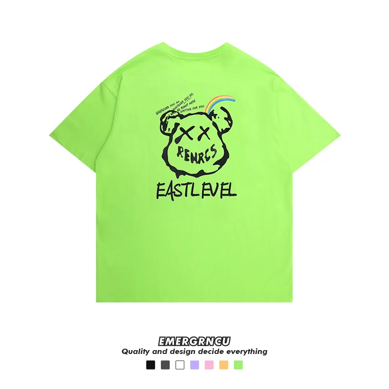 

Wholesale summer national style graffiti bear printed cotton short-sleeved T-shirt men's and women's off-shoulder loose T-shit, Picture