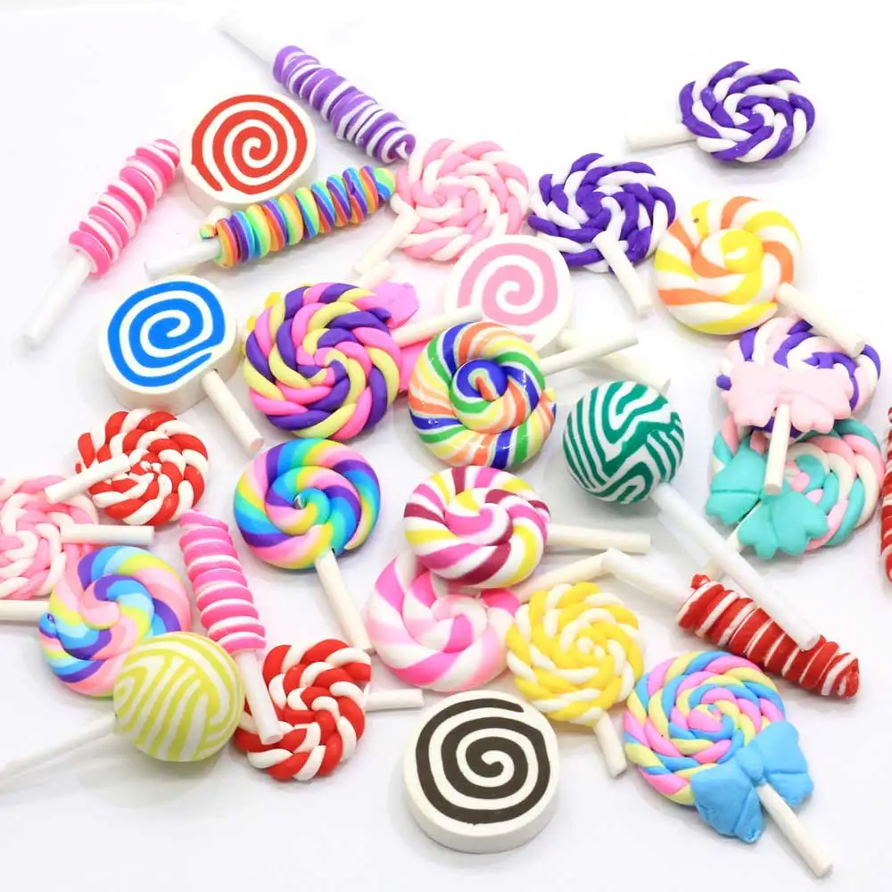 

100pcs Kawaii Rainbow lollipop Candy Polymer Clay Food Miniature Dollhouse Flatback Embellishment For DIY Phone Decor Cabochons