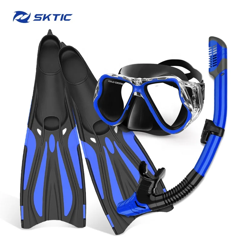 

SKTIC Hot Selling Black Diving Set Scuba Diving Mask Snorkel Fins For Men Women Diving Glasses Snorkeling Mask, Black blue