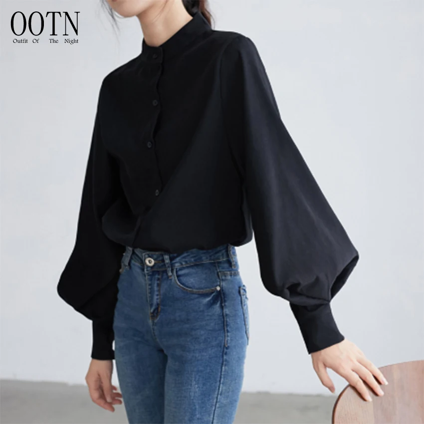 

OOTN Office Work Blouse Solid Vintage Blouse Shirts Women Autumn Winter Single Breasted Stand Collar Shirts Big Lantern Sleeve B