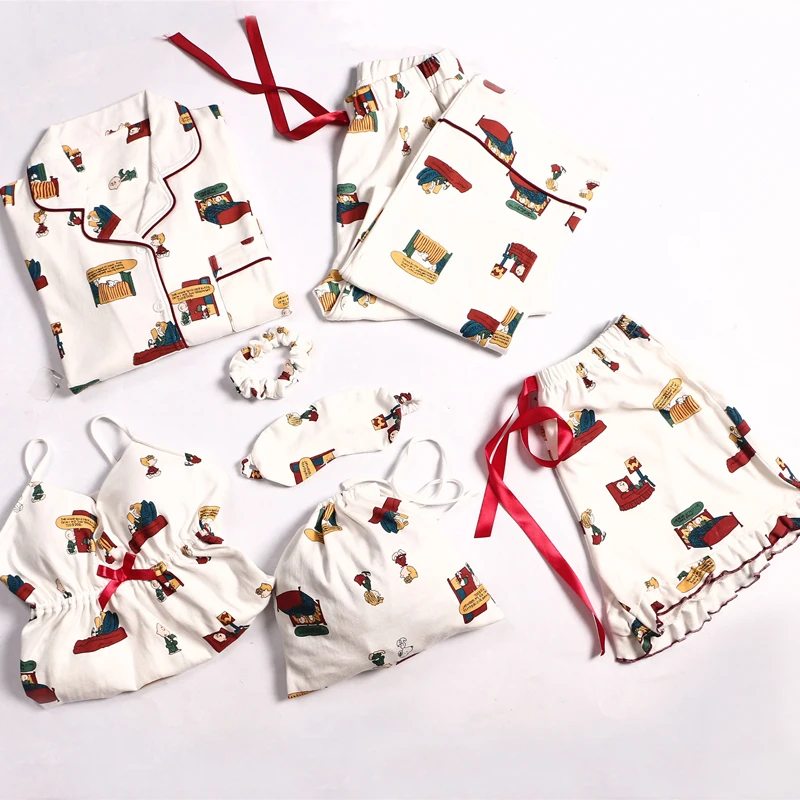 2019 Amazon hot sales 7 pcs pajamas cute Snoopy Bow Tie Lapel Neck nighty 7 Pcs cotton Pocket Sleepwear