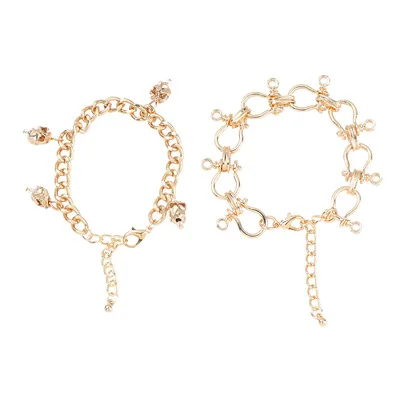 

New Personality Adjustable Gold Plated Link Chain Skull Bracelet Double Layer Skeleton Bracelet Set Two Piece For Couple