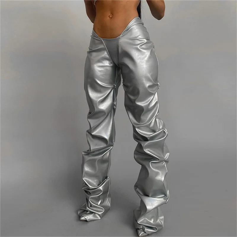 

2022 Fall clothing Solid Color Fashion Shiny sexy Pants PU Leather Sweatpants Folded Elastic low Waist Women's Casual Trousers, Mix color or custom colors