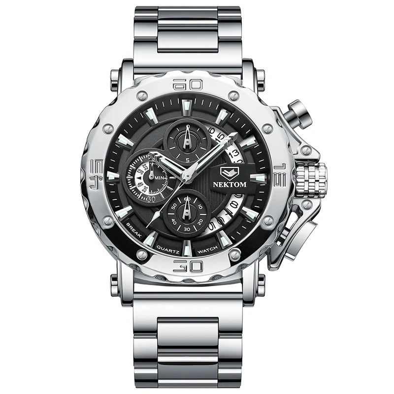 

NEKTOM Men watch stainless steel custom luxury quartz watches dual time chronograph watch