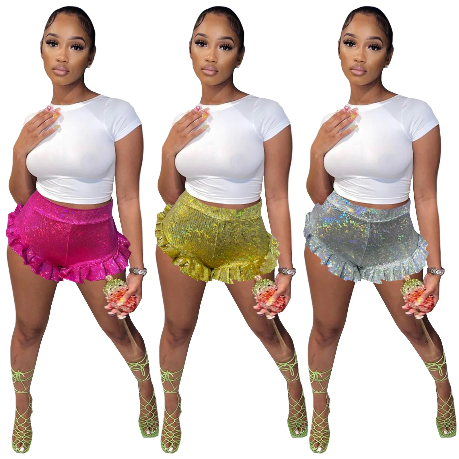 

N3896 Fashion women's clothing pressure plait falbala laser glass broken beautiful mini shorts hot pants
