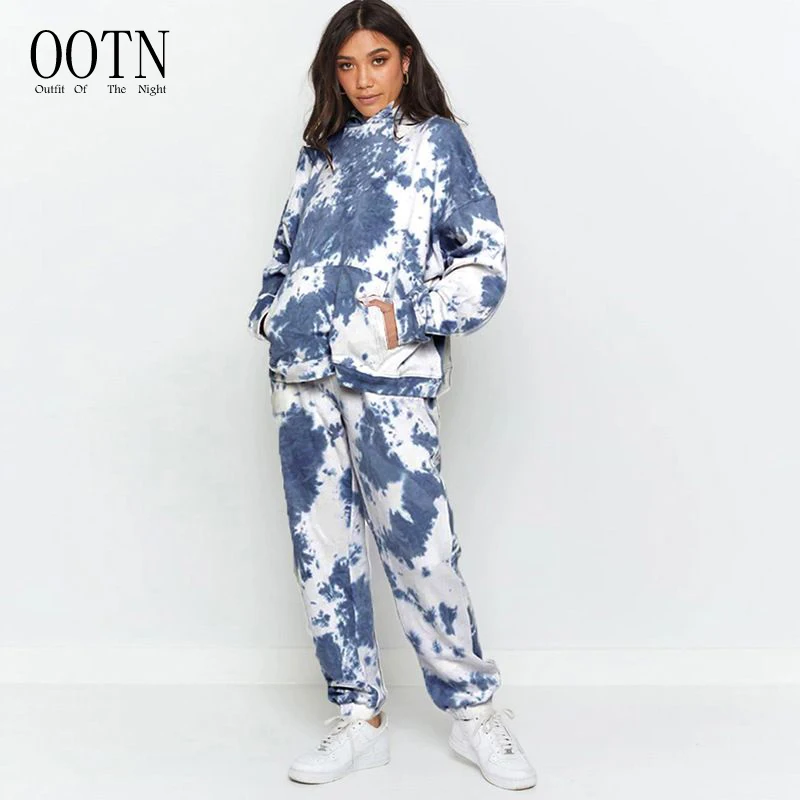 

OOTN Blue Tie Dyeing Sports Suits Long Sleeve Hoodies with Pocket Sweatpants Set New Fall Winter Two Pieces Women Tracksuits