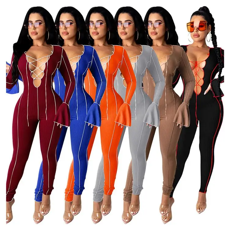 

Best Seller Womens Winter Clothing 2020 Long Sleeve Stitch Bandage One Piece Bodycon Women Jumpsuits And Rompers