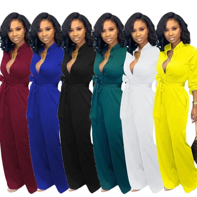 

Wholesale Solid Color V-neck Plus Size 2021 Fall Fashion Womens Jumpsuits Sexy With Belt