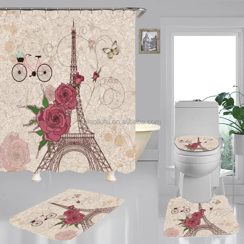 

Classic Eiffel Tower Paris 2024 waterproof shower curtain with Non-Slip Rug, Toilet Lid Cover and Bath Mat, Custom-made