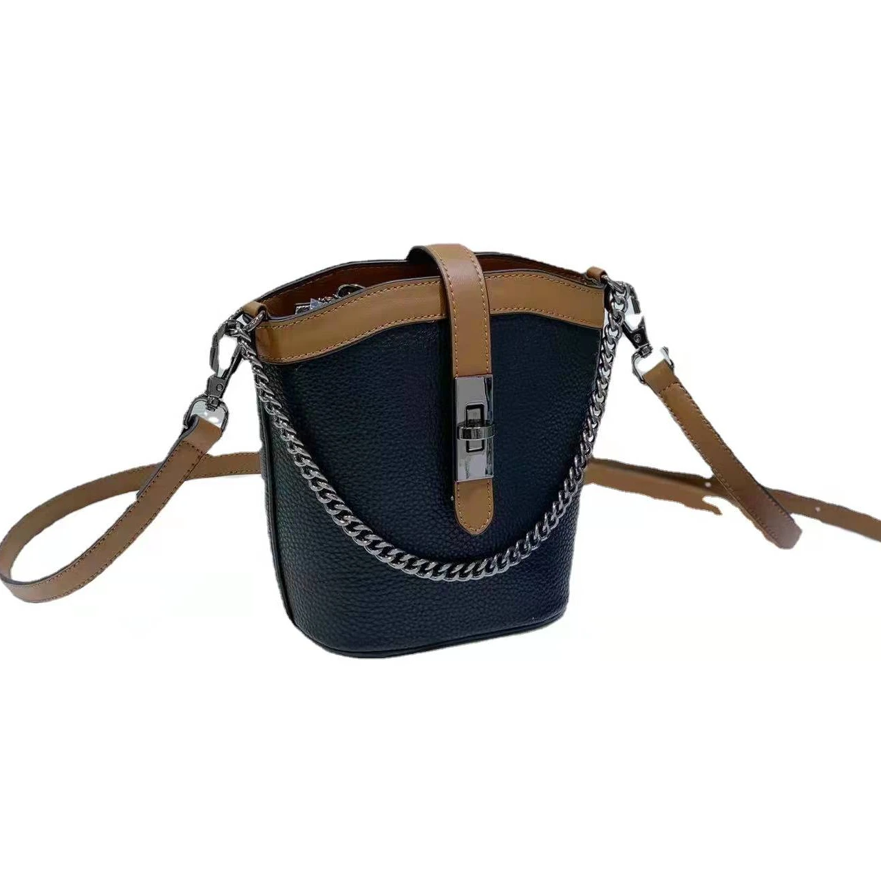 

2022 New Arrival Genuine Leather Women Bucket Bag Whole Sale Lady Tote Bucket Handbag with Chain