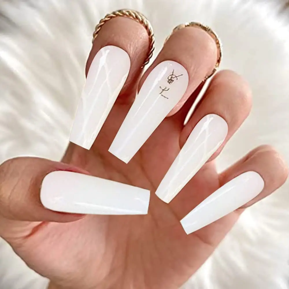 

Glossy Nude Coffin Long Press on Nails with Designs French Acrylic Nails Press on Stick on Nails for Women Artificial Glue on