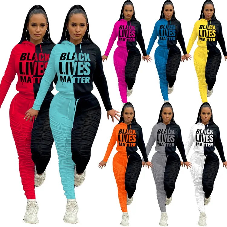 

Women's Sporty Suits Black Lives Matter Letter Print Long Sleeve Hooded Hoody + Stacked Jogger Sweatpant Drawstring Color Match, As picture