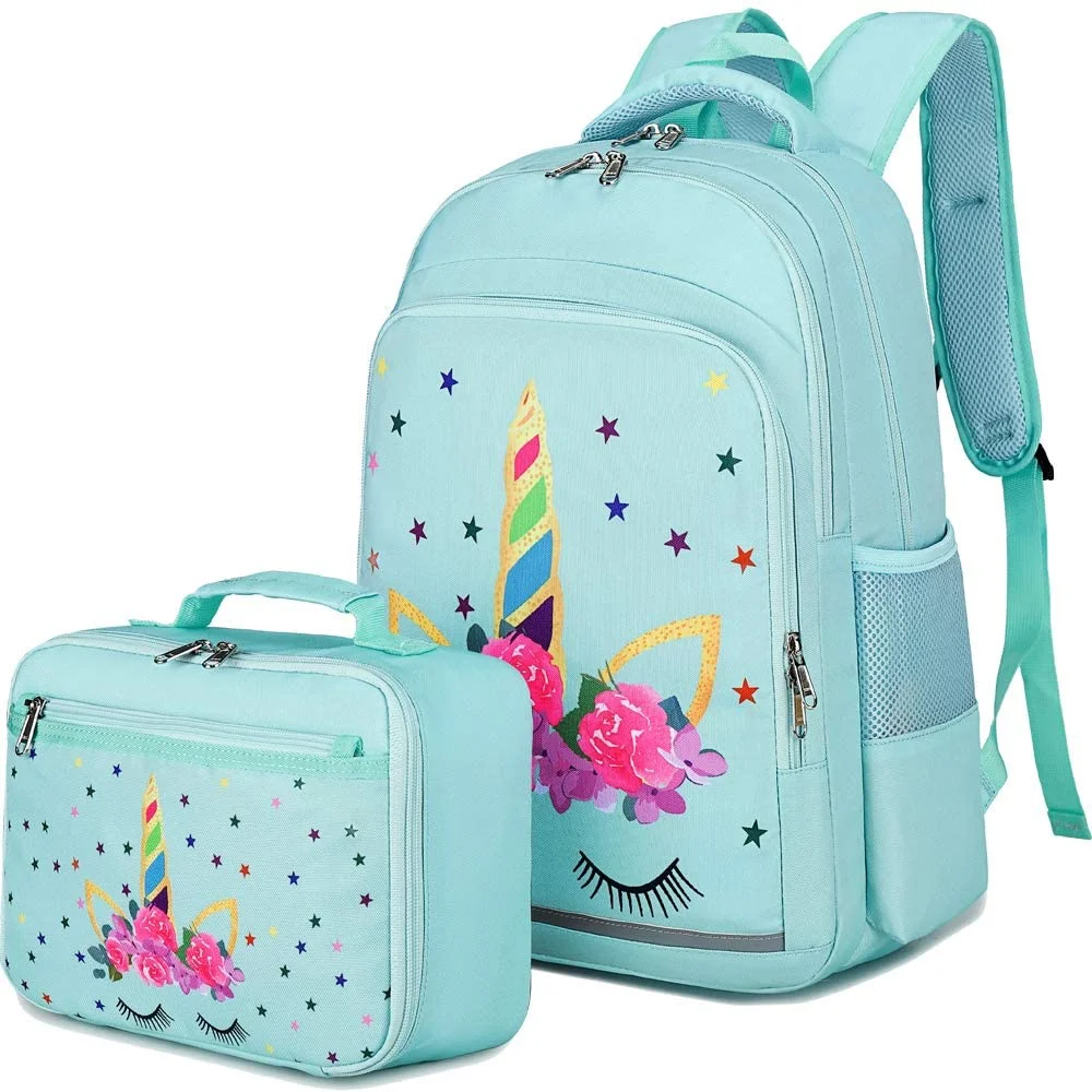 

2021 New Custom Cute Unicorn Book Bags Kids School Bags for Girls with Lunch Box for Toddler Preschool Kindergarten Bag, Pink, blue, green