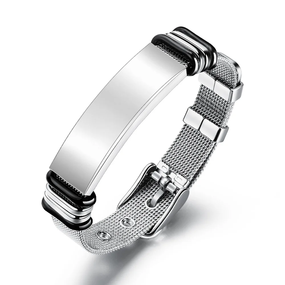 

2020 Men's Punk Style Stainless Steel Wrist Band Bracelet Black Grooved Rubber Silicone Mesh Bracelet