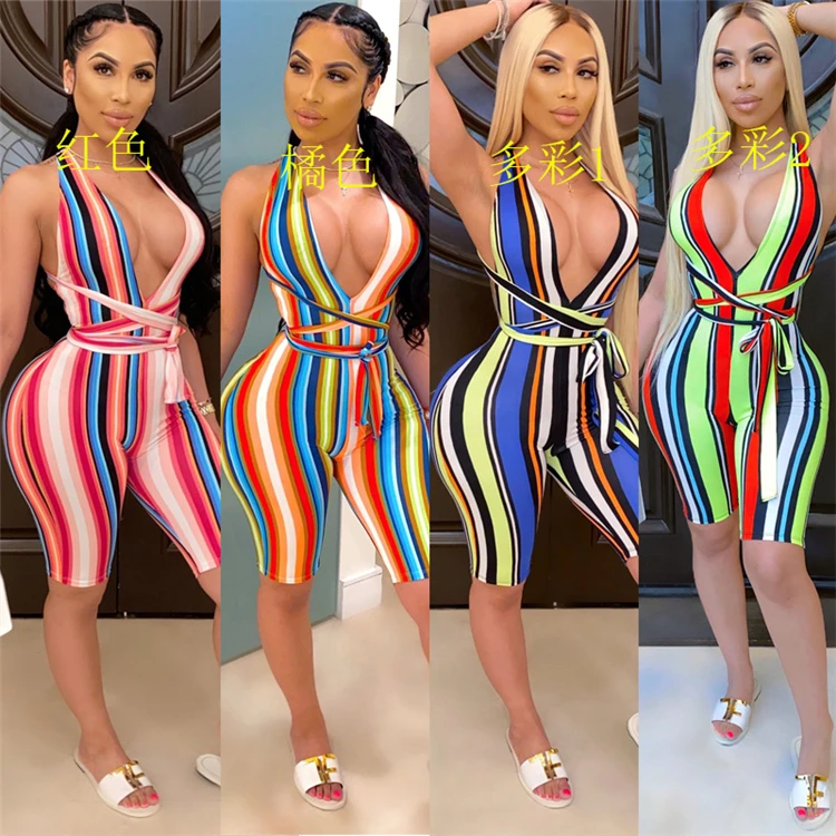 

D96948 2021 new arrivals Colorful striped stretch print strappy sports women bodycon jumpsuits