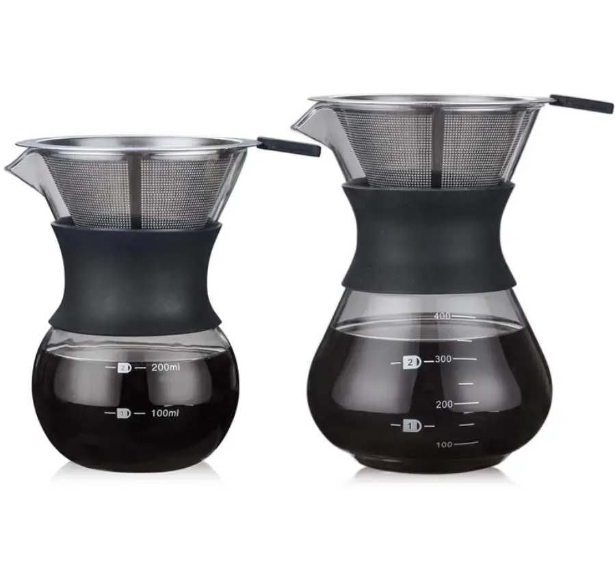 

Pour Over Drip Coffee Maker Hand Blown Glass With Paperless Filter and Carafe Pot, Transparent