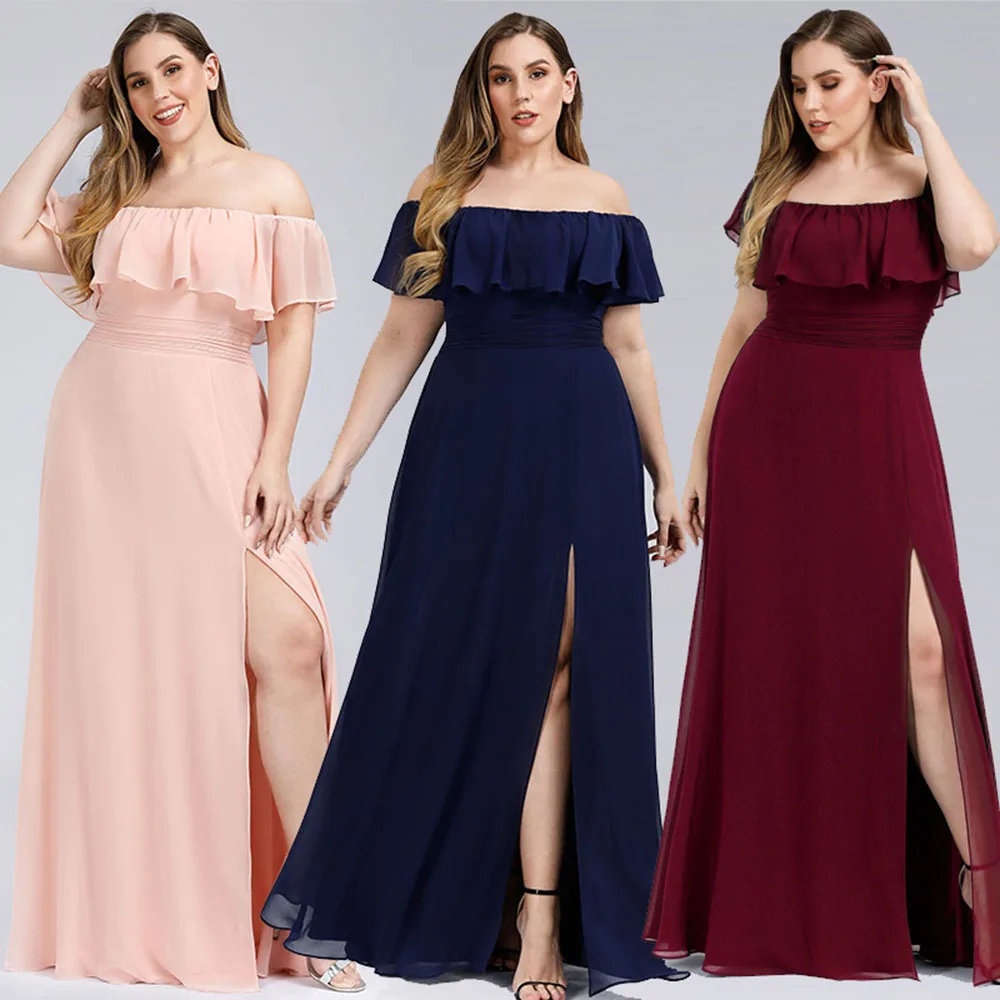 

2020 new sweet one-line collar solid color dress plus size chiffon off-shoulder ruffled split evening dress, Shown
