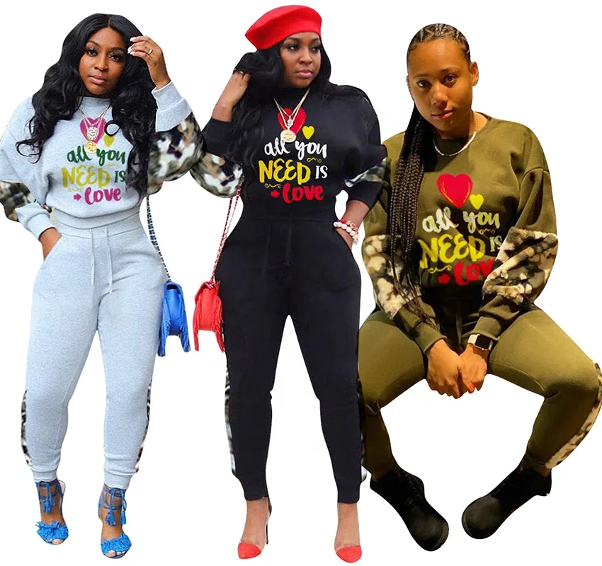 

Newest camouflage hoodie two-peice set polar fleece thick sweat suits womens clothing fall 2020