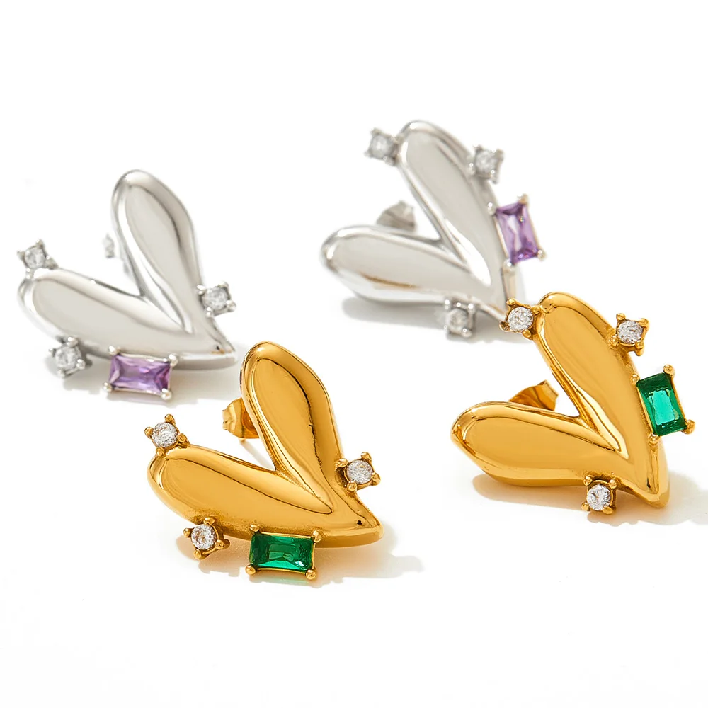 

Romantic Women Heart Earrings Cubic Zirconia Chic Heart Stainless Steel Stud Earrings Fashion Charm Waterproof Gold Jewelry