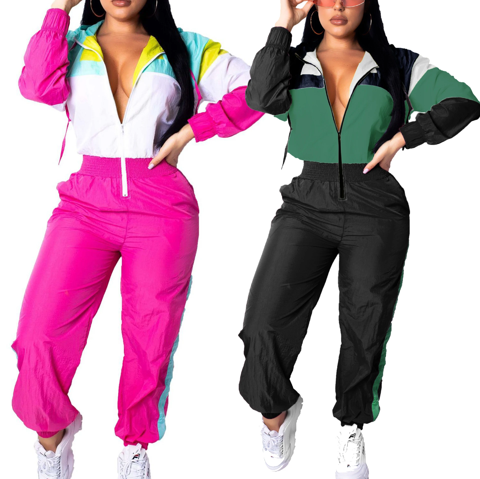 

Women's Sexy Long Sleeve Deep V Neck Zipper Front Hoodies Jumpsuits Casual Style One Piece Pants Outfits, Yellow, red, green, pink,