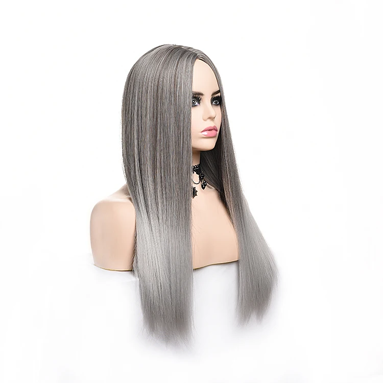 

Cheap Hair Human HD Lace Wig High-Temperature Fiber Granny Grey Mid-point Long Straight Cosplay Wigs, Natural color lace wig