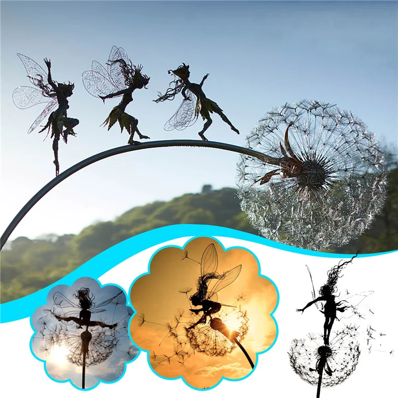 

Flower Fairy Elf Dancing With Dandelion Sculpture Garden Crafts Metal Garden Yard Art Decor Lawn Landscape Sculpture Decoration, As shown