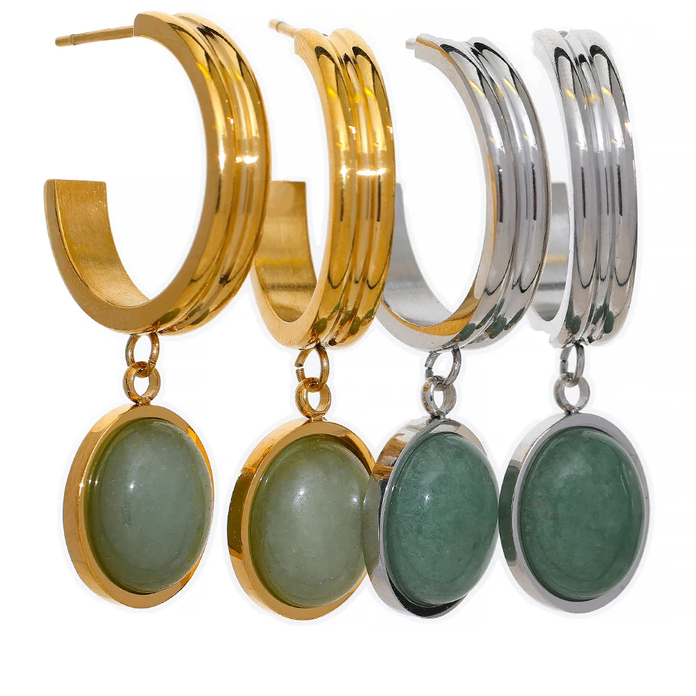 

JINYOU 2060 Green Aventurine Natural Stone Pendant Earrings for Women Hypoallergenic Jewelry Stainless Steel 18k Gold Plated