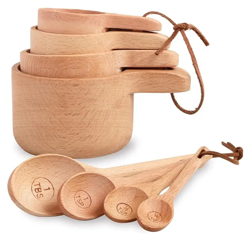 

Kitchen accessories natural handcrafted wooden measuring cups spoons baking cooking 8pcs wood measuring cups and spoons set