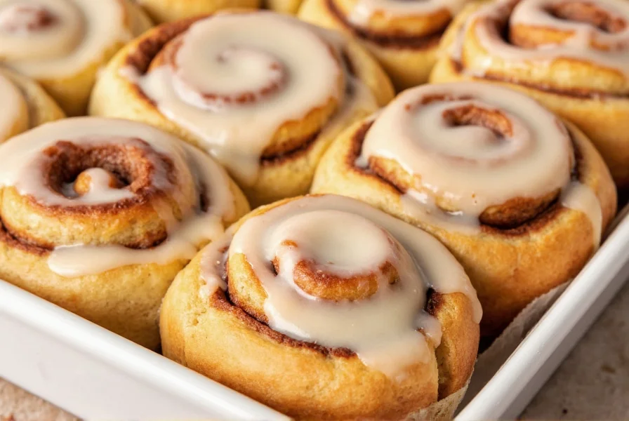 Finished one hour cinnamon rolls with glossy icing drizzled over golden brown pastries
