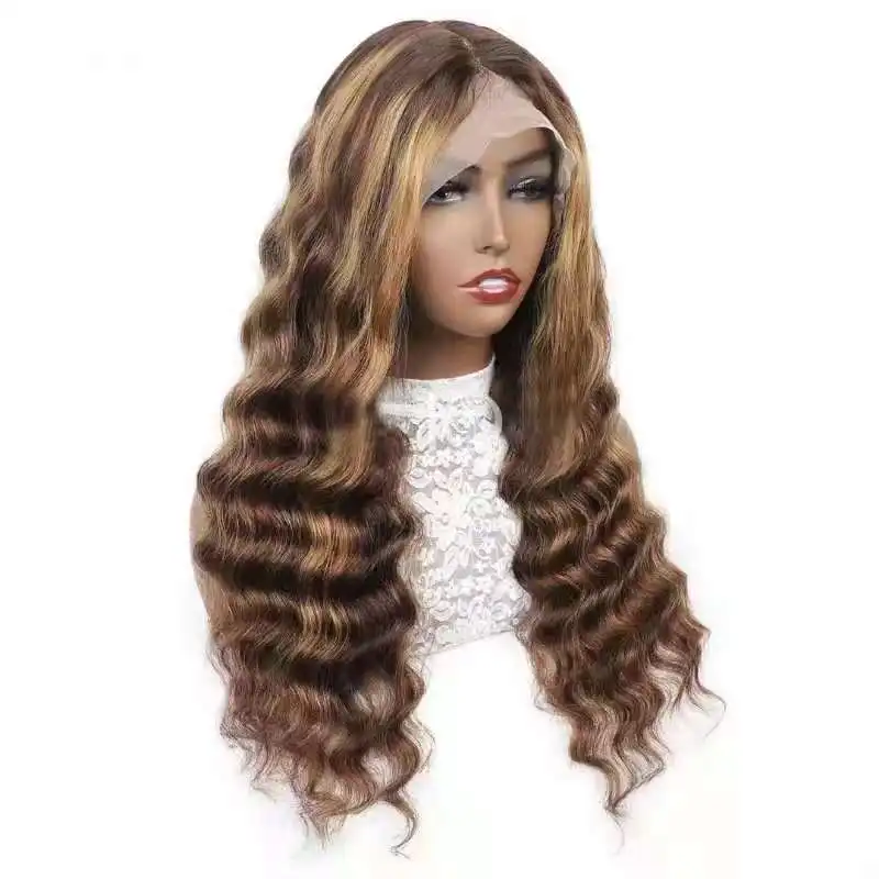 

Lace Front Wigs Real Virgin Human Hair Ombre Brown Highlight Blonde Wavy Wigs Swiss T Part Frontal deep wave