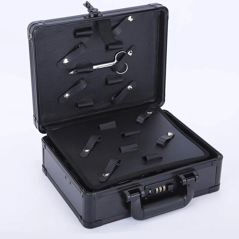 

Professional Custom Logo Portable Aluminum Password Gold Salon Hair Cutting Grooming Storage Box Suitcase Hairdressing Tool Box