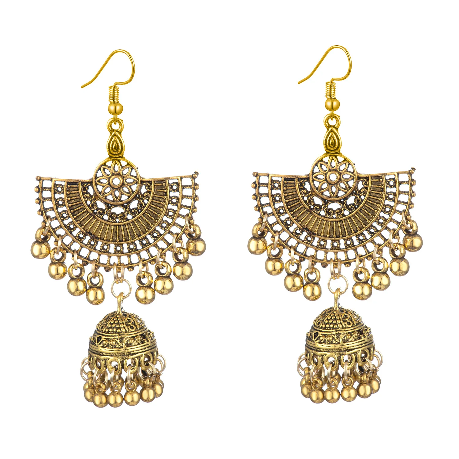

Indian Fashion Gold Silver Fan-shaped Hollow Bell Drop Earrings for Women Jewelry