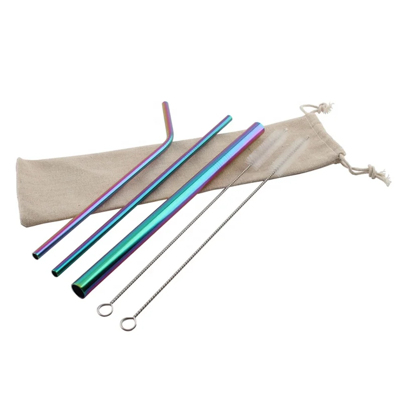 

LFGB retractable stainless steel rainbow reusable drinking custom straws set with bag brush, Silver/gold/rose gold/rainbow/black/blue/purple