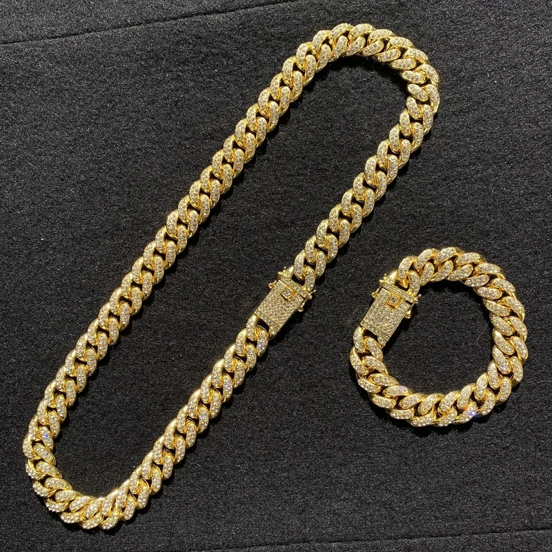 

12mm Hot Selling Punk Rap Jewelry Hips Hops Gold Plating Miami Cuban Chain Necklace Bling Iced Out Crystal Cuban Chain Necklace