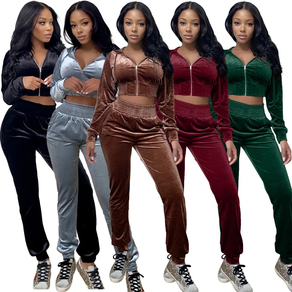 

MD-20083107 Fashionable Velvet Set Women Sports Wear Two Piece Pants Hoodie Set Joggers Female Sweatsuits