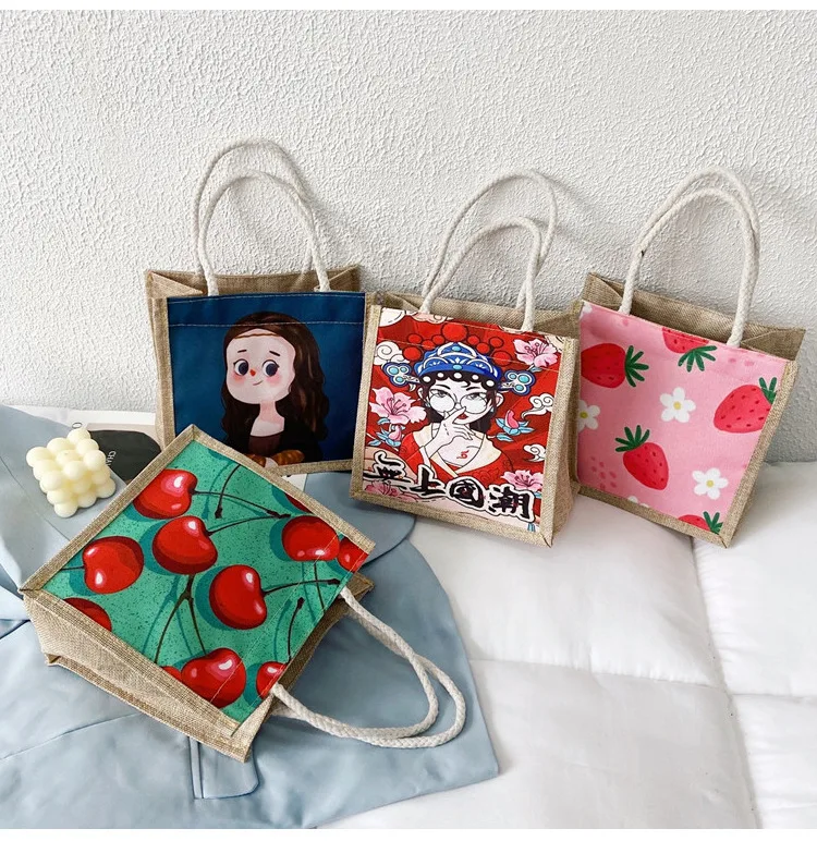 

Factory Direct Supply Women Handbags Burlap Jute Bag Fruit Printing Cartoon Lunch Bag For Kids