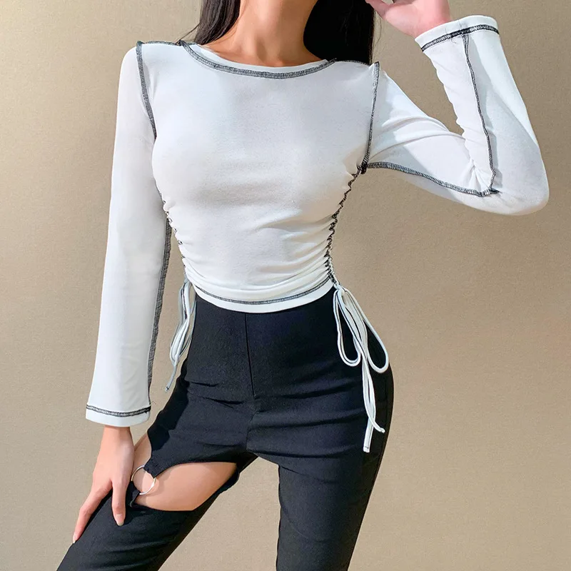 

Trendy High Quality Cotton Contrast Ruched Drawstring Long Sleeve Sexy Fall Tops Woman 2020, 1colors in stock