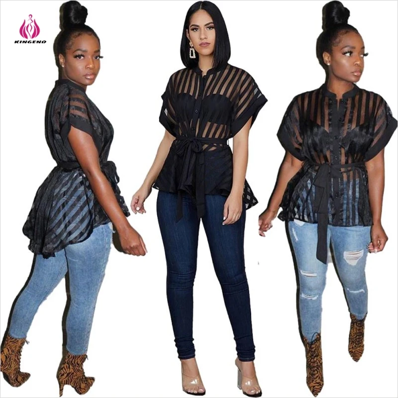 

2019 New Fashion Women Clothing Sexy Flared Sheer Striped Top Transparent Clubwear Blouse FM-DN8311, As pictures