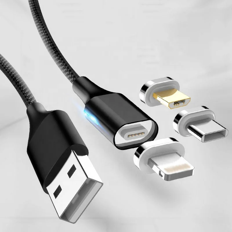 

Vnew hot sell LED light 1M multifunction 3 in 1 3A Micro 8pin Type C fast charging and data magnetic usb cable for cell phone, Black or customized