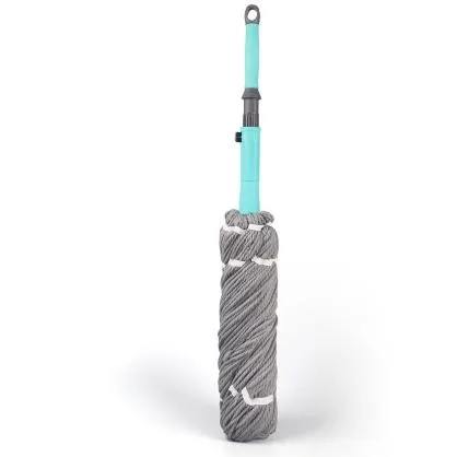 Gray microfiber twist mop wrung into a tight column, with a turquoise plastic connector and a stainless steel handle