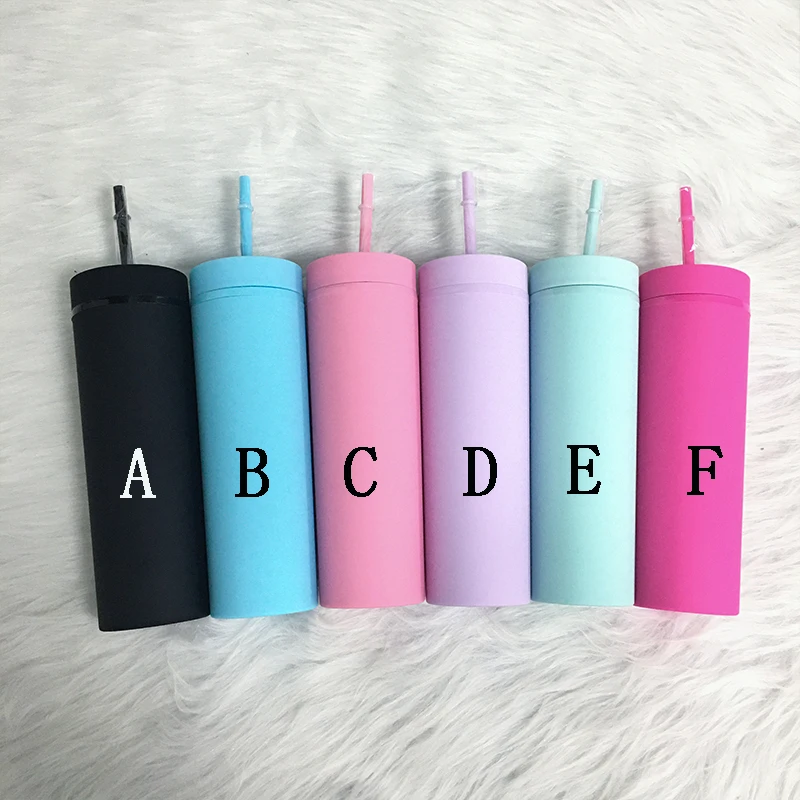 

Matte 16oz Acrylic Skinny Tumbler Double Wall Plastic Travel Water Cup Wedding Gift Straw With Cover 6 Colors, 6 colors can choose