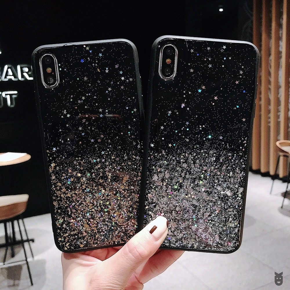 

Bling Glitter Gold Foil Star Sparkle Sequins Soft Black Silicone TPU Case Cover For iPhone 6 7 8 Plus 10 X XS XR 11 Pro Max