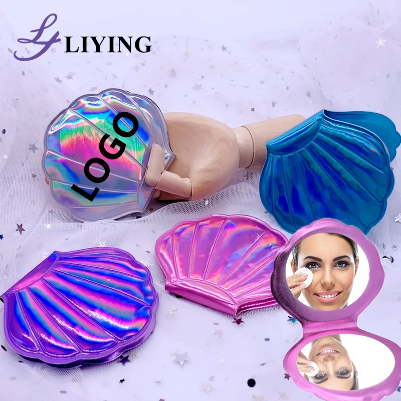 

Holographic custom logo mini shell folding travel compact portable pocket mirror