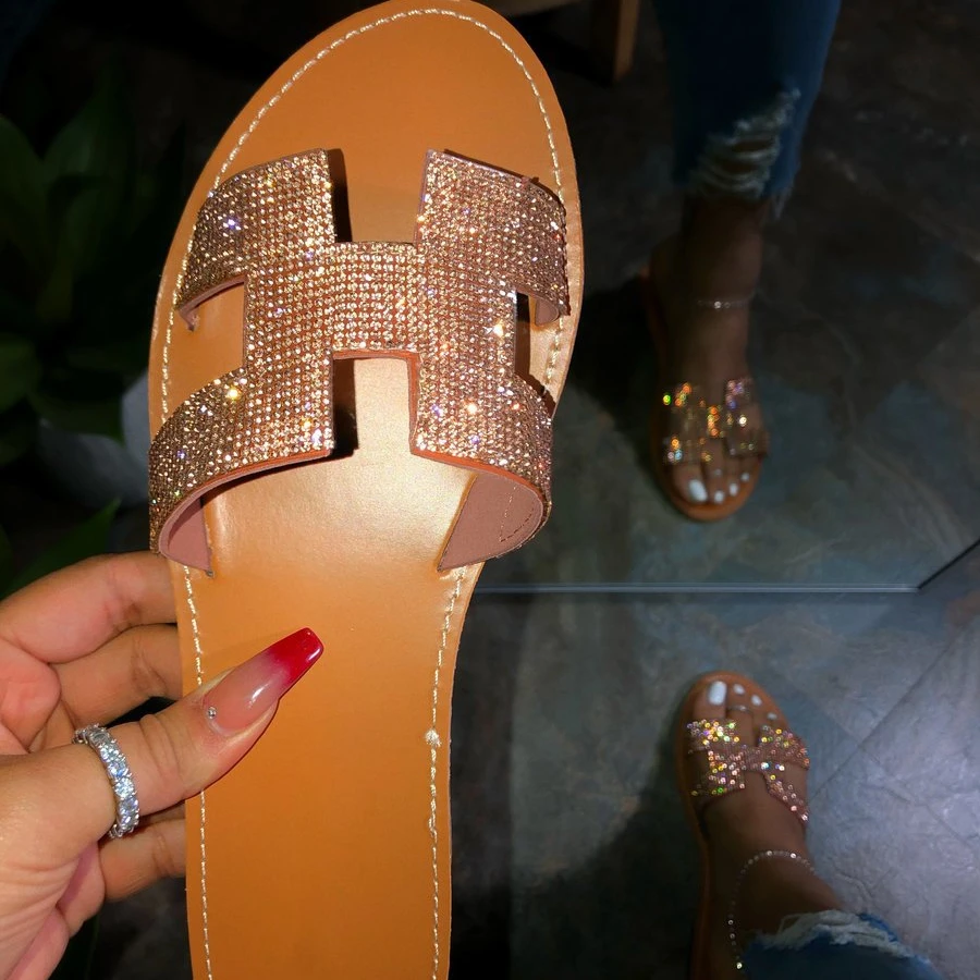 

2022 Fashion New arrival spring summer women's sandals Flat sandals Soft beach slippers Hollow out rhinestone slipper, Black